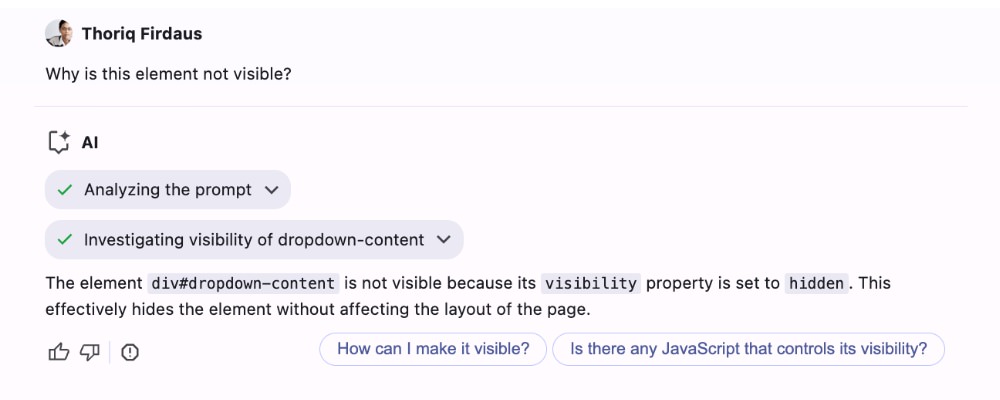 Chrome AI Assistance analyzing an element's visibility