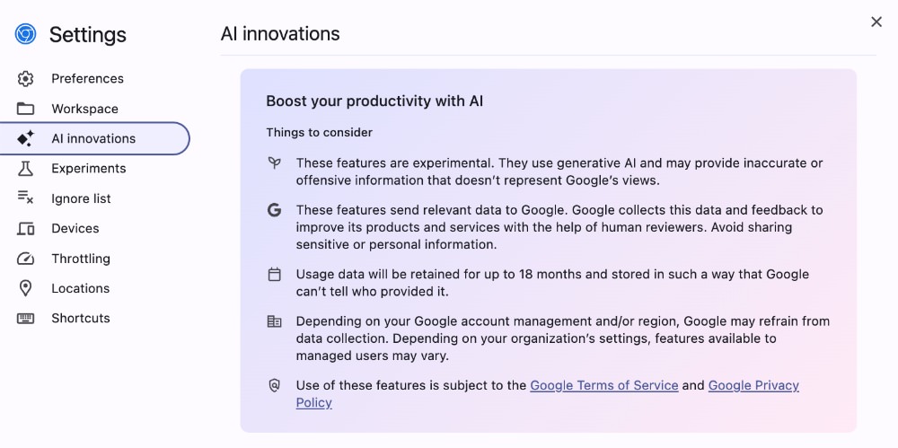 Important considerations when using AI in Chrome, as shown in the 'Things to Consider' section