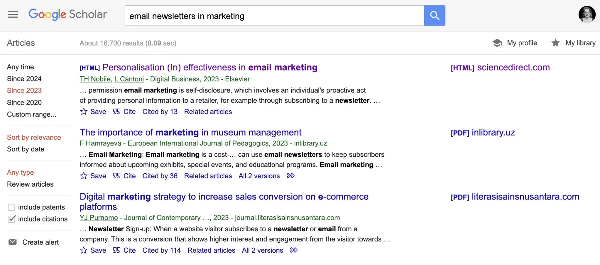 screencap of search results on google scholar for “email newsletters in marketing.”