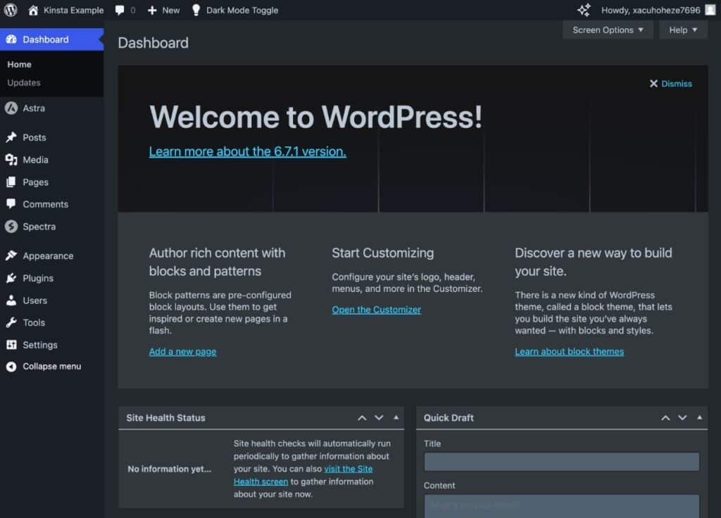 An example of WordPress dashboard dark mode from a plugin.