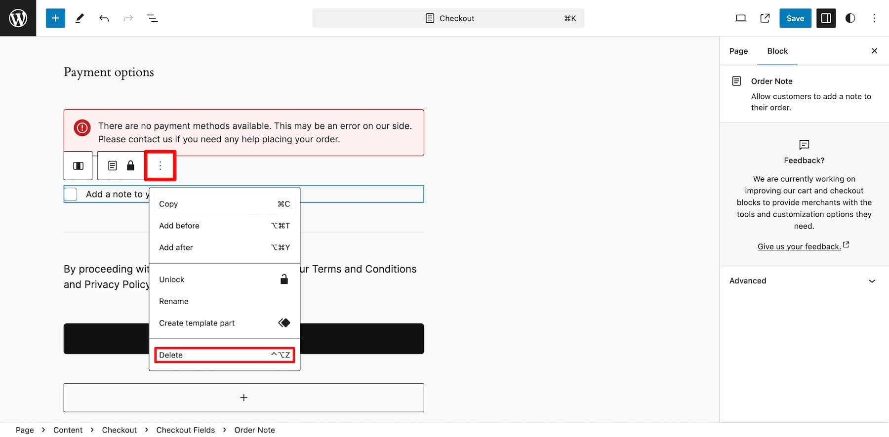 delete elements from checkout