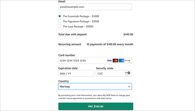 Preview of a form accepting deposit fee