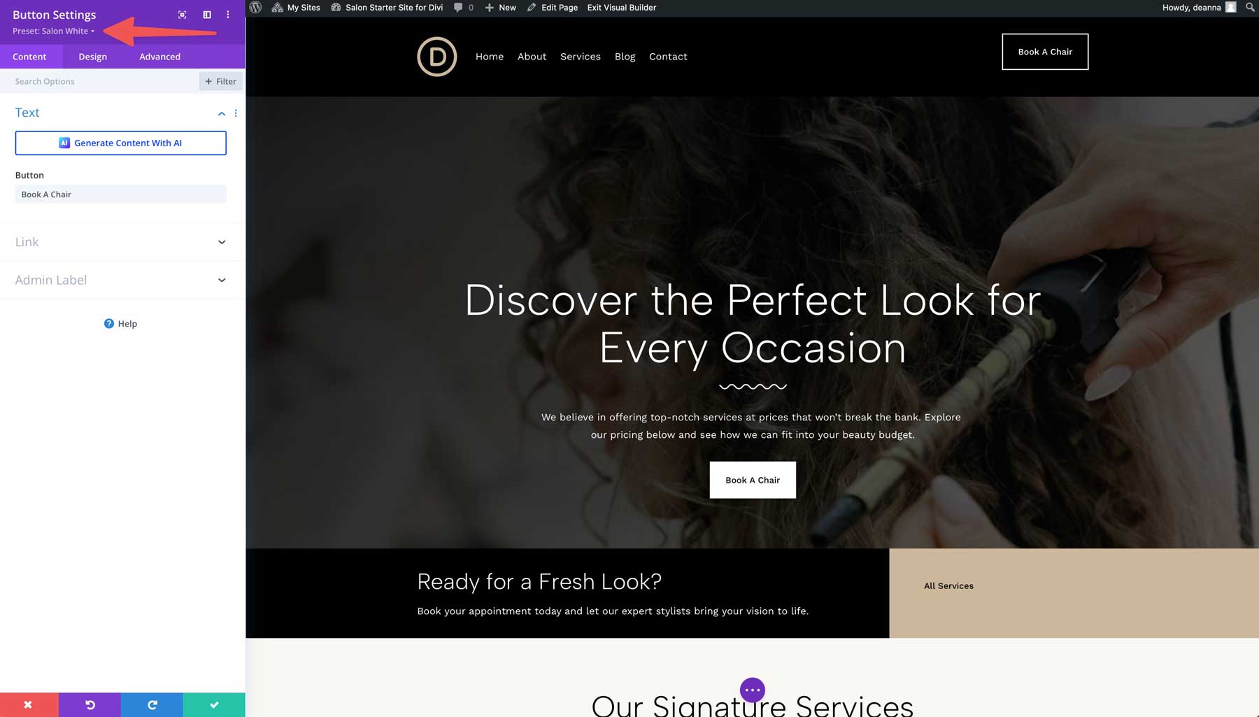 salon starter site for Divi