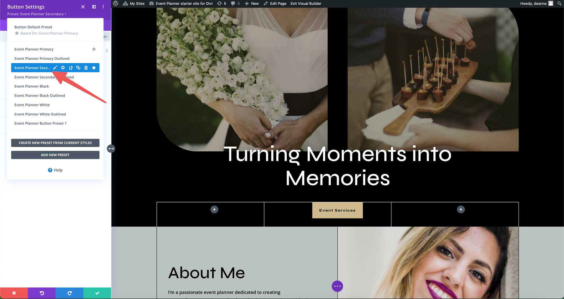 Event planner starter site for Divi