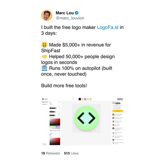 free tool marketing example, tweet announcing Marc Lou’s free logo maker