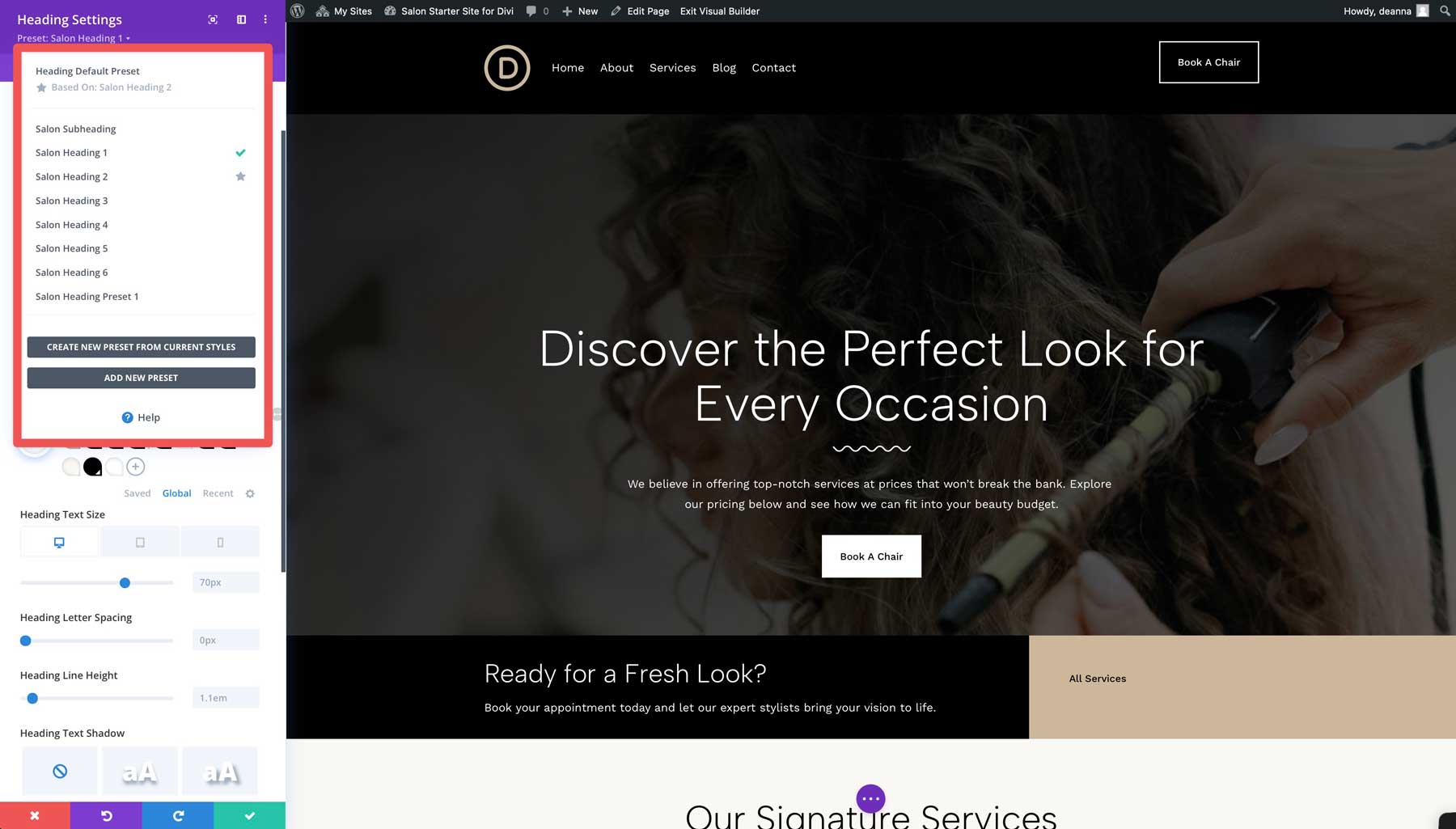 salon starter site for Divi