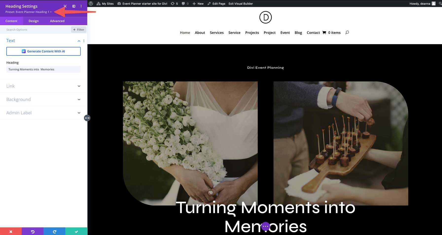 Event planner starter site for Divi