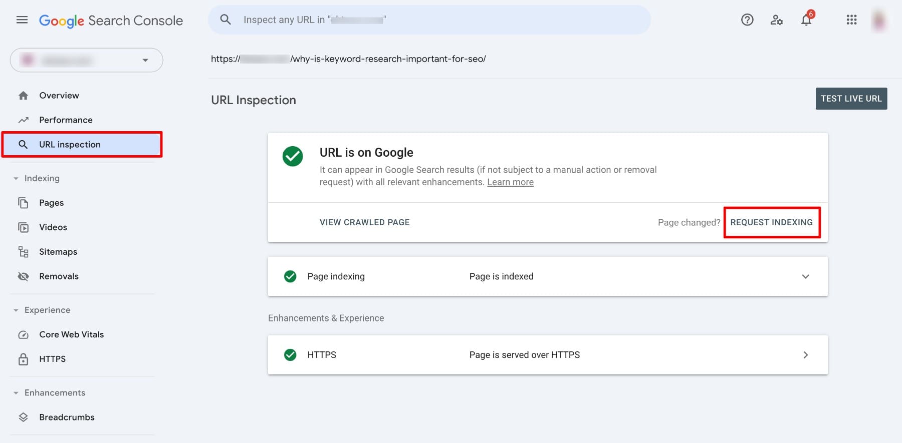 index url in google search console