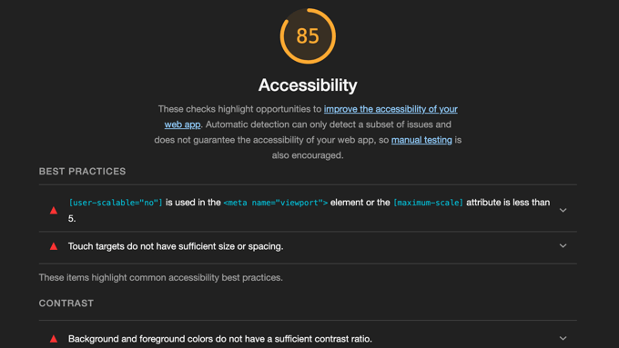 Google Lighthouse Accessibility Report