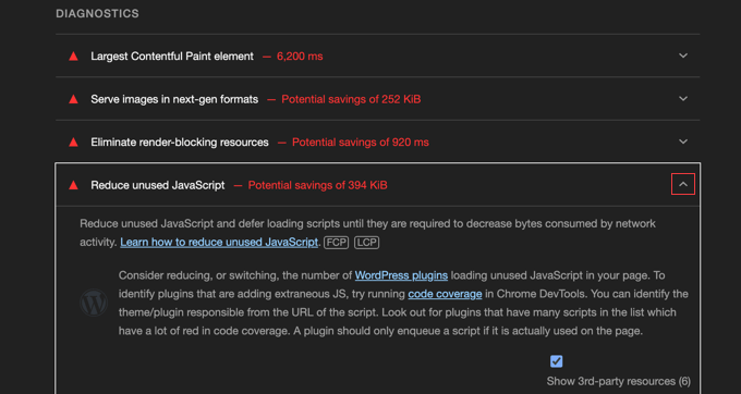 Google Lighthouse Performance Report Diagnostics