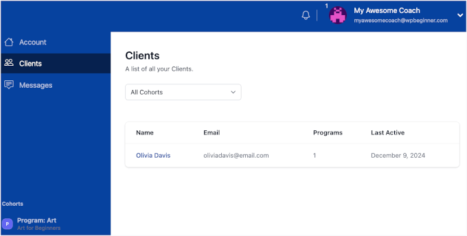 Client list in a MemberPress cohort-based online course