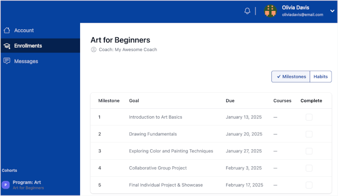 Milestone list in a MemberPress cohort-based online course