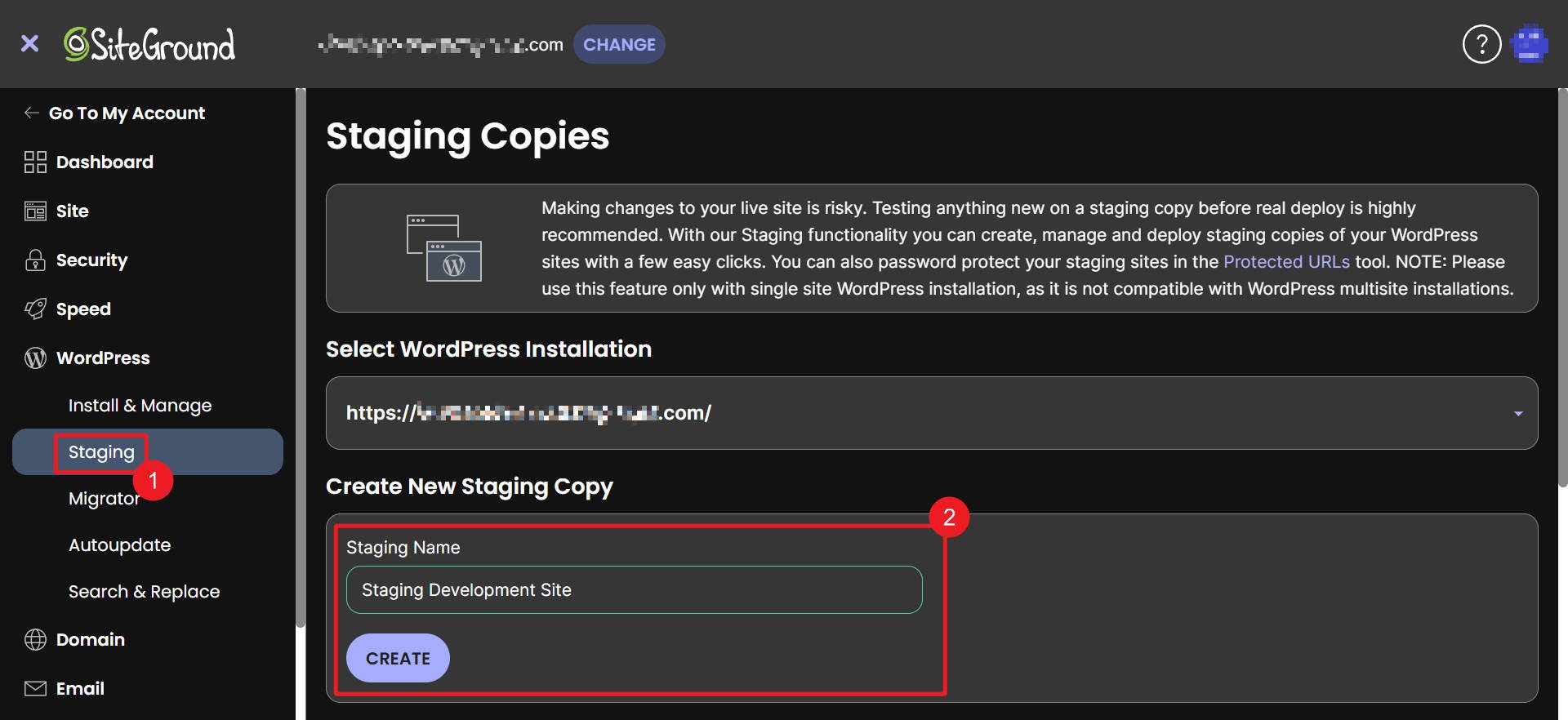 Siteground One-Click Staging Site