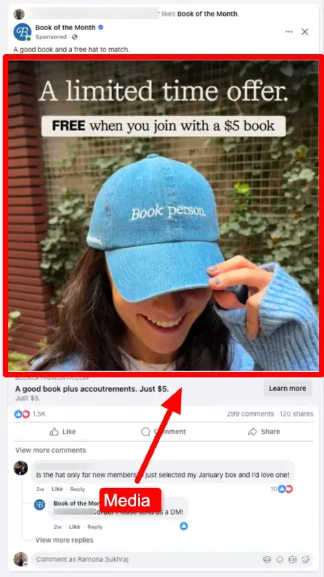 screenshot pointing out where the “media” is in the anatomy of a facebook ad