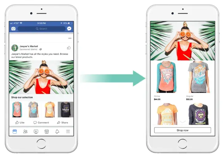 mockup showing an example of the collection format of a facebook ad.