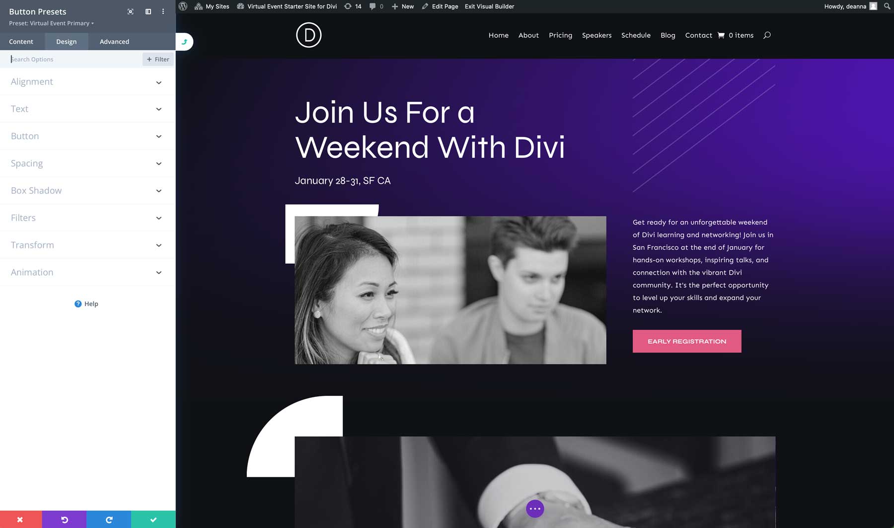 virtual event starter site for Divi