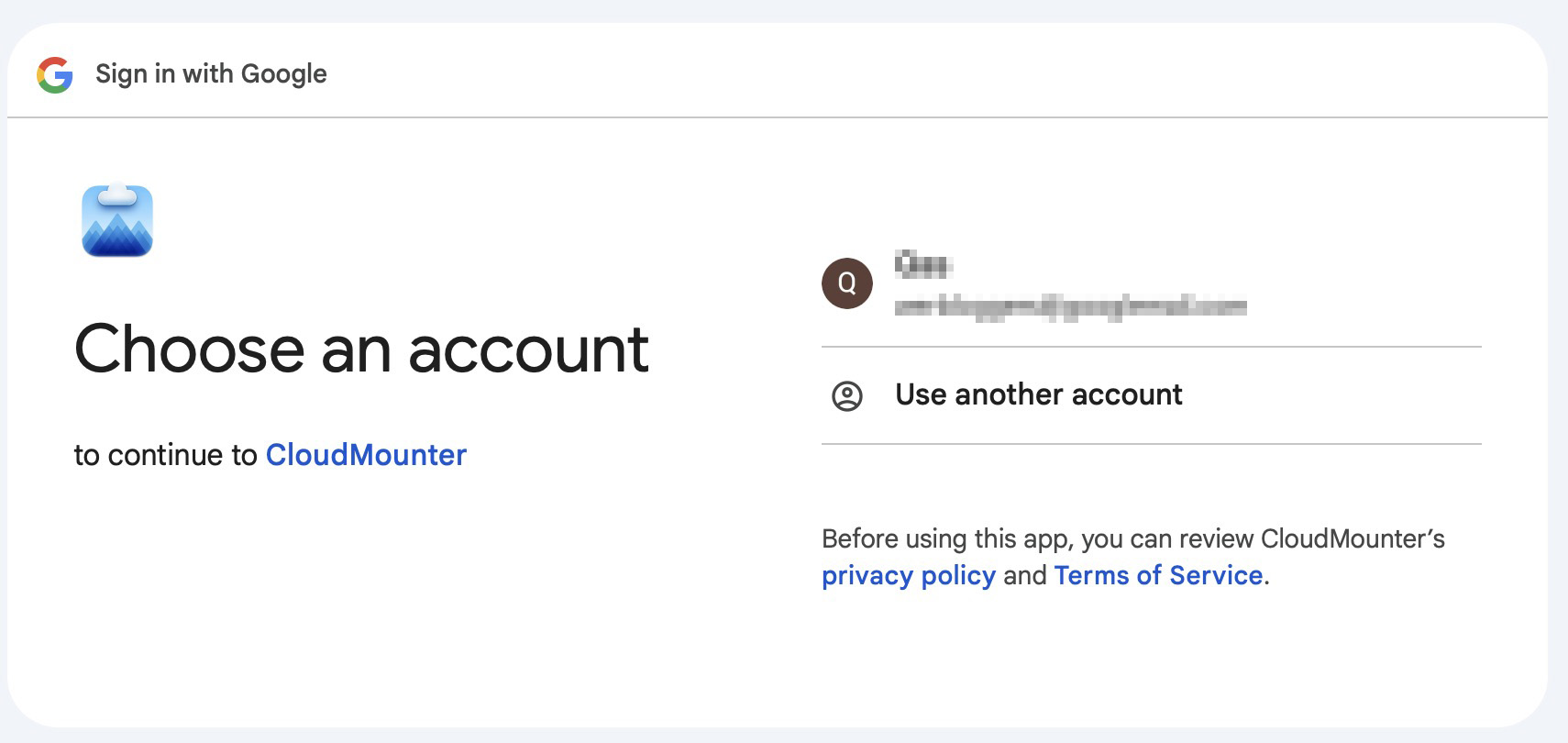 Cloudmouunter screen for the addition of a Google Drive account and the granting of authorizations