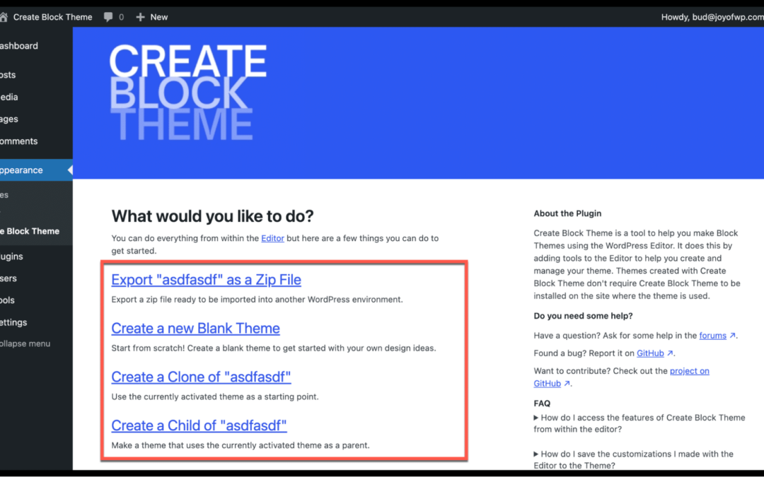 Construction a block theme the use of the Create Block Theme plugin