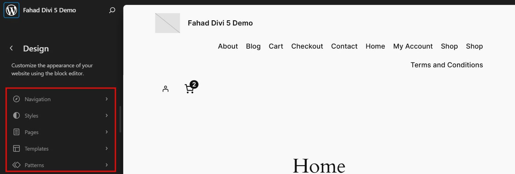 default wordpress theme features