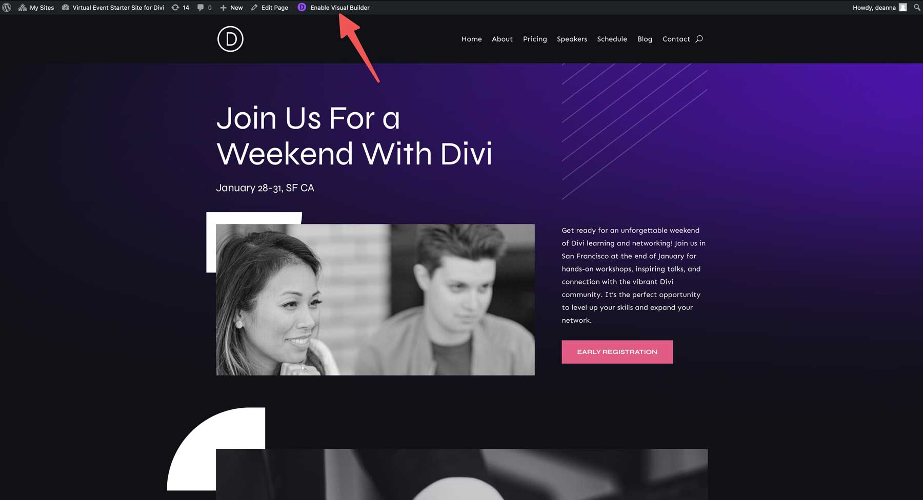 virtual event starter site for Divi