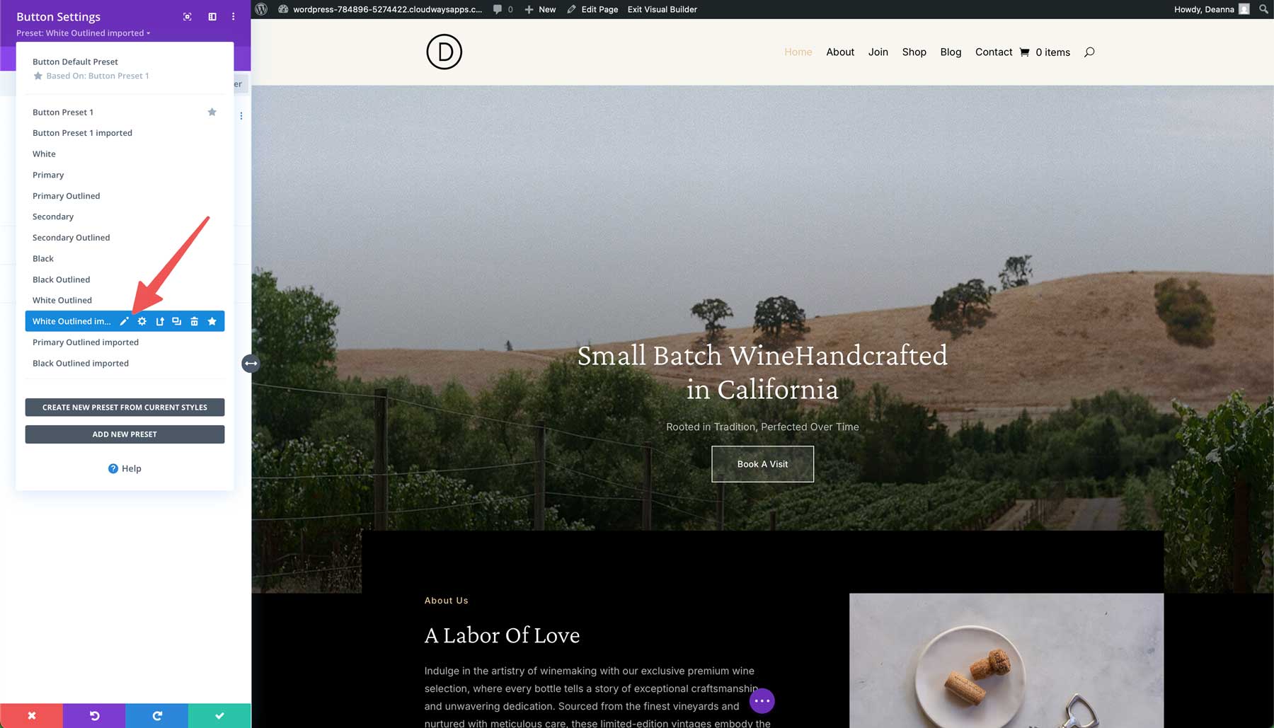 winery starter site for Divi