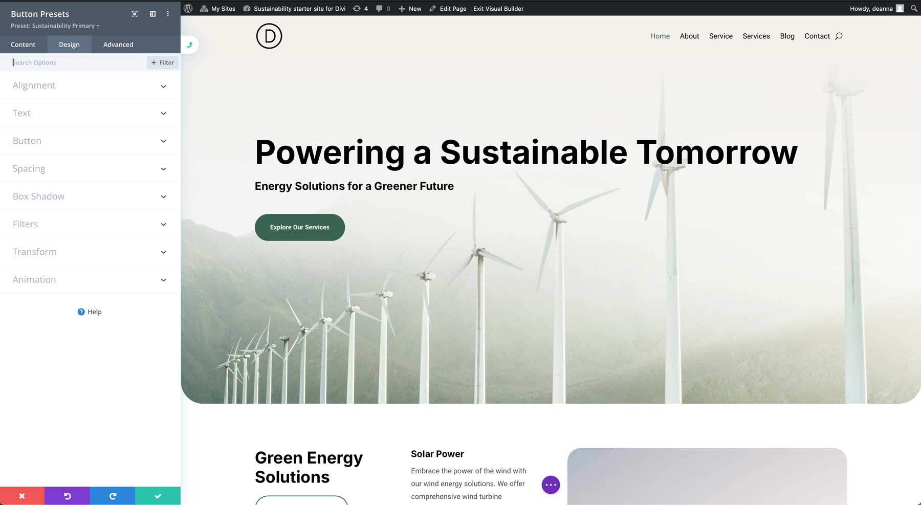 Sustainability starter site for Divi