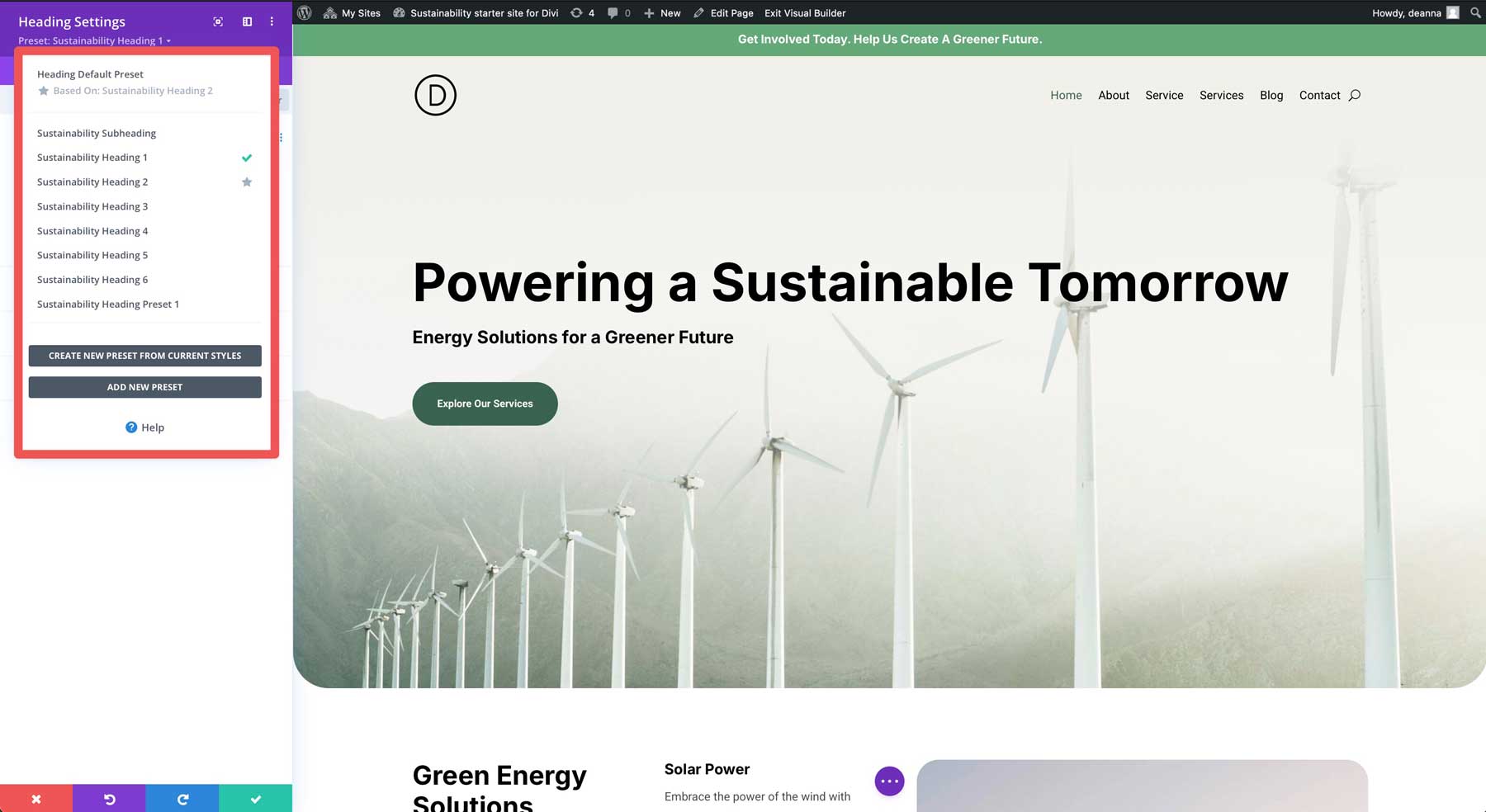 Sustainability starter site for Divi