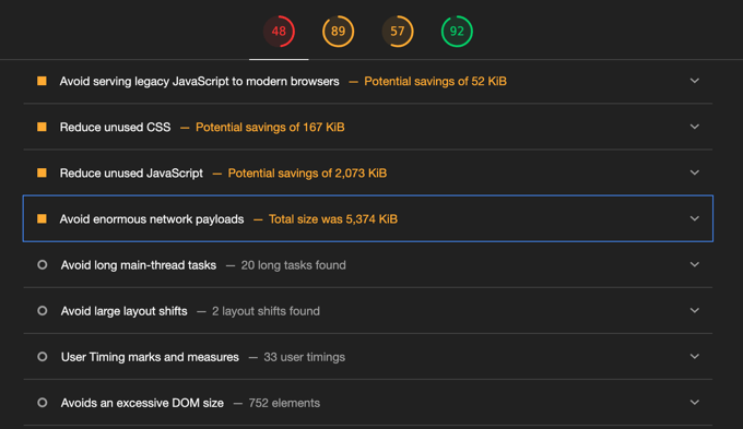 Example of 'Avoid Enormous Network Payloads' Message in Google Lighthouse