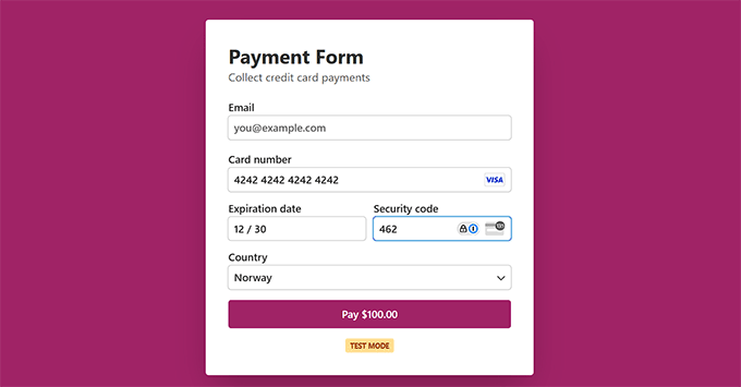 Preview of a payment form in test mode