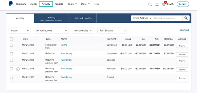 View transactions in PayPal