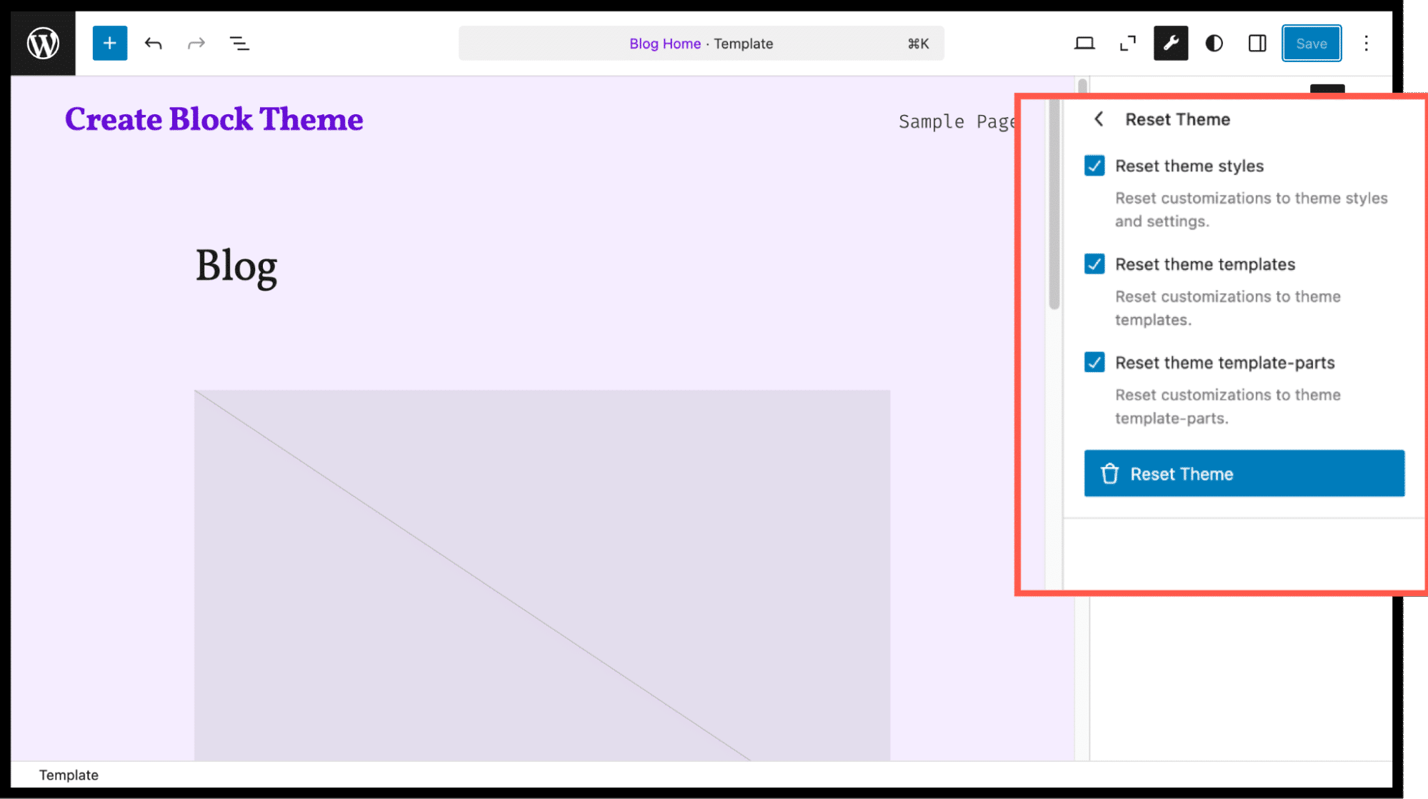 The Reset options provided by the plugin