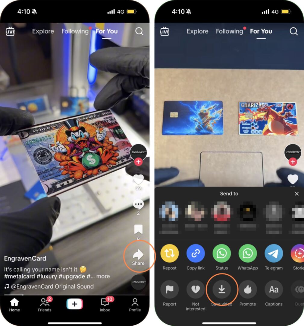 The Tiktok mobile app saves the video button interface