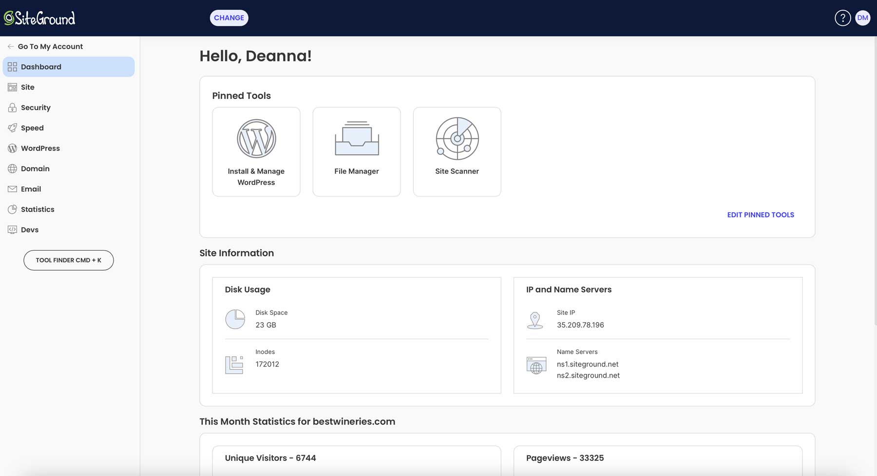 SiteGround site tools dashboard