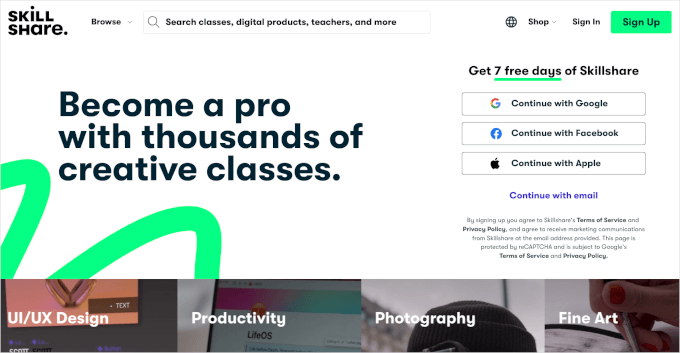 Skillshare homepage