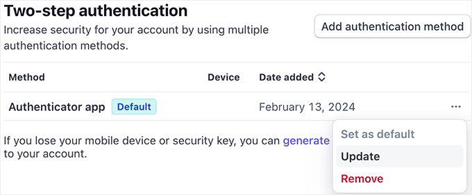 Two factor authentication in Stripe