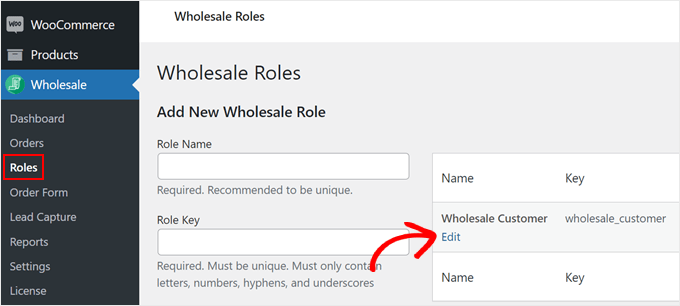 Editing the wholesale customer role