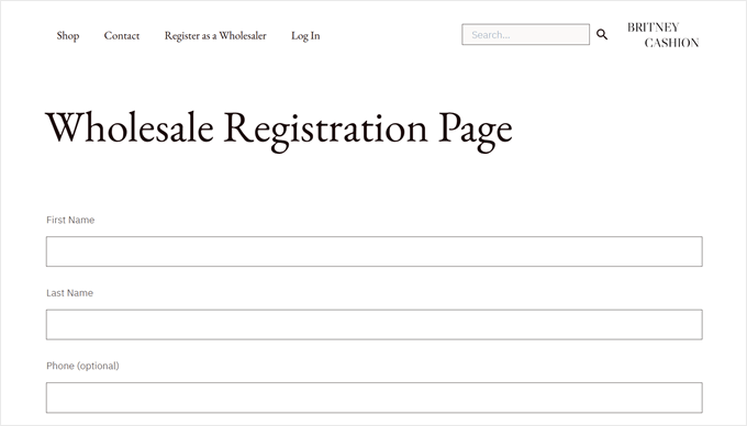 An example of Wholesale Suite registration page