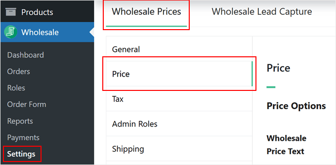 The Price settings for Wholesale Suite