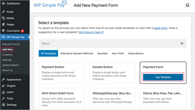 Select the Payment Form Template