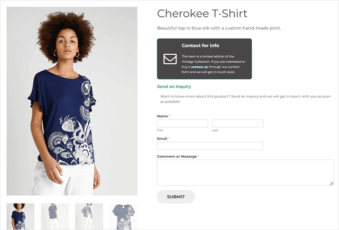 An example of an inquiry form made with YITH WooCommerce Catalog Mode