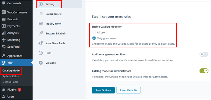 Enabling the catalog mode with YITH plugin