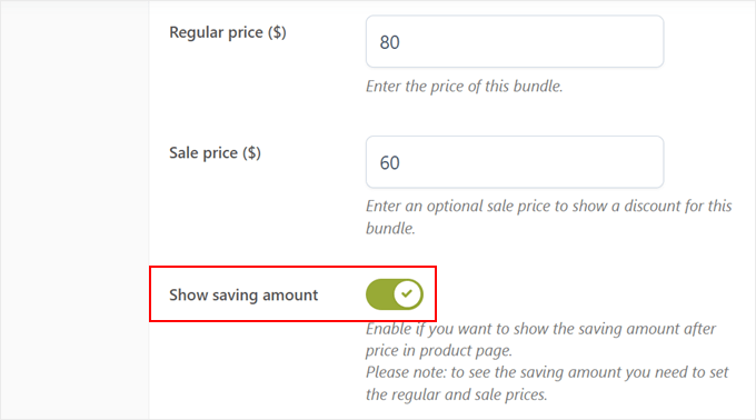 Showing the discount saving amount for the product bundle with the YITH plugin