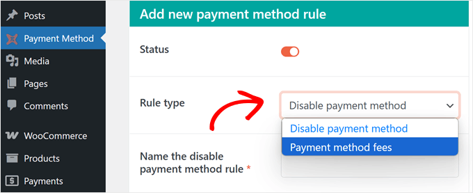 Setting up the rule to disable payment methods in WooCommerce