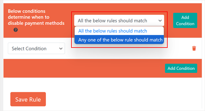 Choosing a rule for the conditions to disable payment methods in WooCommerce