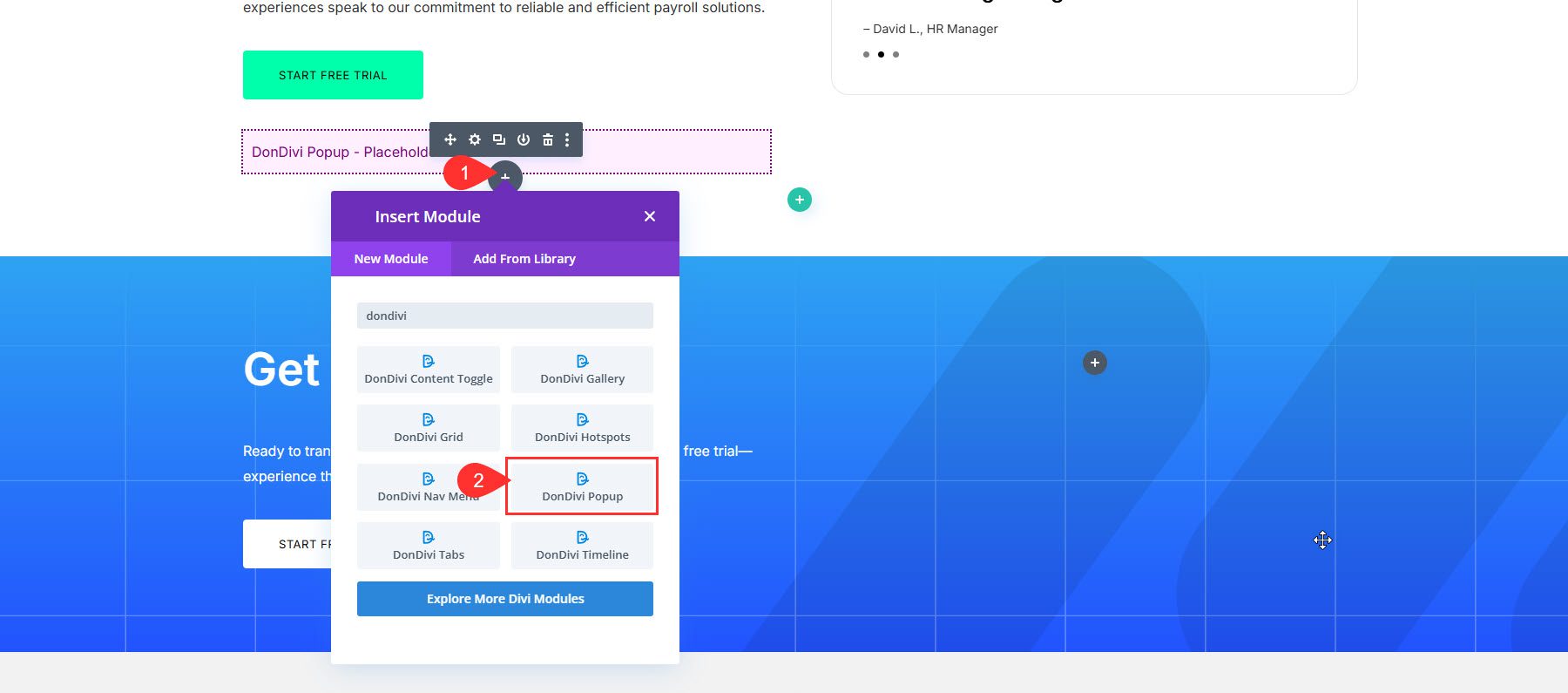 Add DonDivi Popup Module to Page