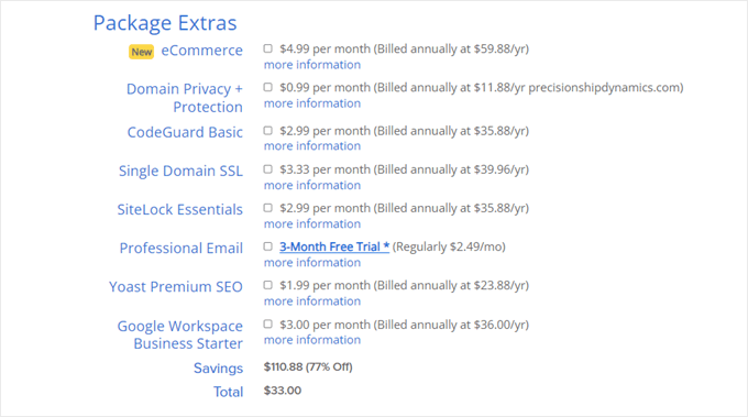 Adding Bluehost extras to your wedding website package