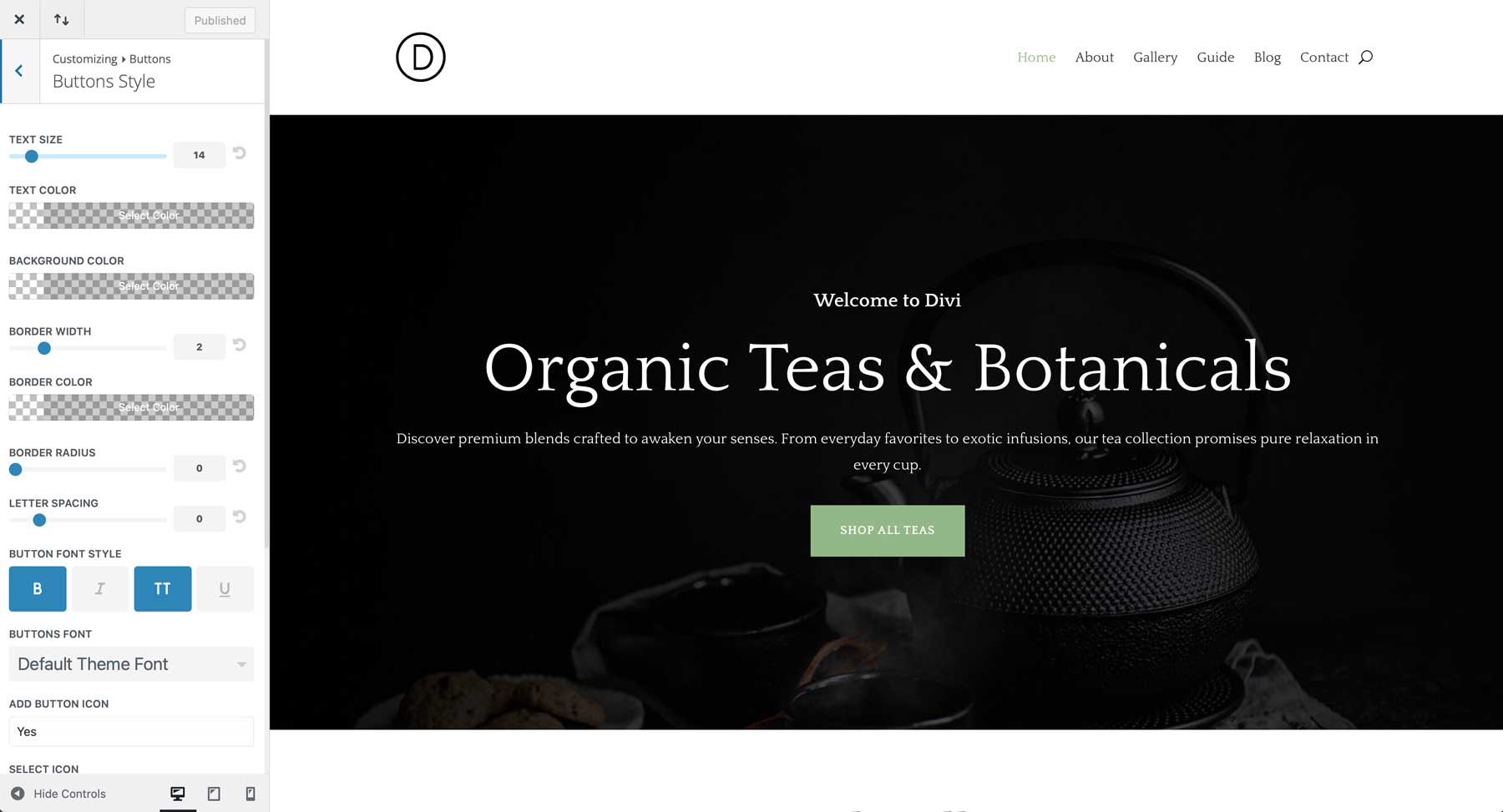 tea shop starter site for divi