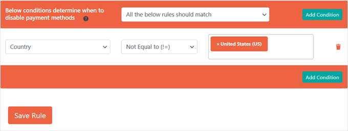 Setting up a rule to disable Cash on Delivery for non-US customers