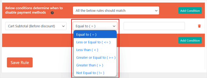 Choosing an equation for the condition to disable payment methods in WooCommerce