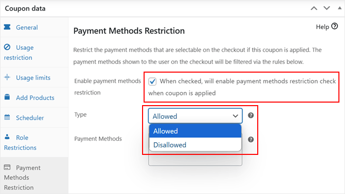 Configuring the Payment Methods Restriction setting in Advanced Coupons